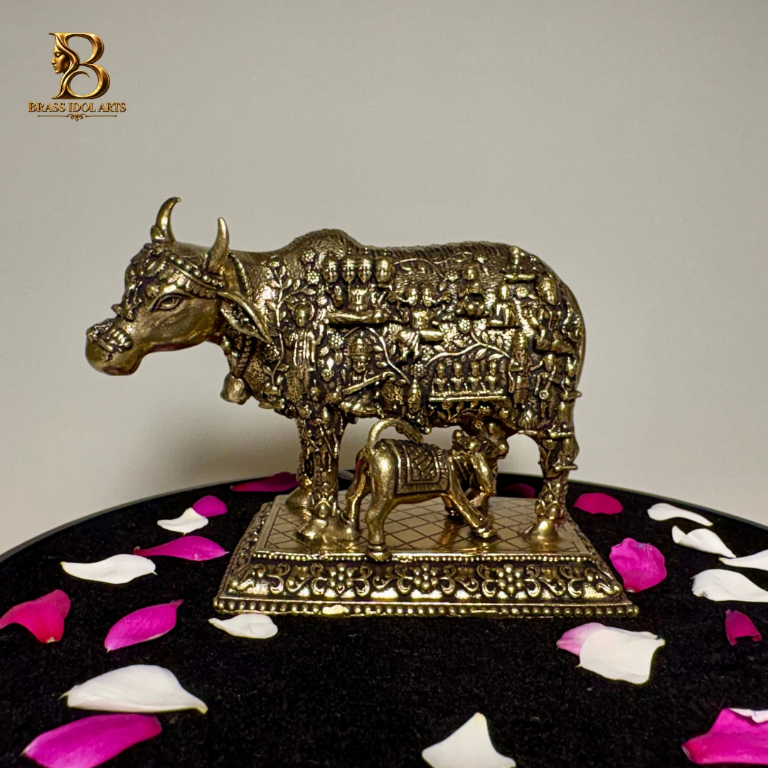 Antique Brass Cow & Calf Statue