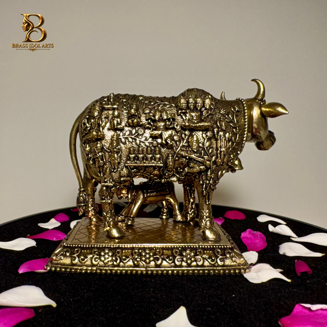 Antique Brass Cow & Calf Statue — view 3