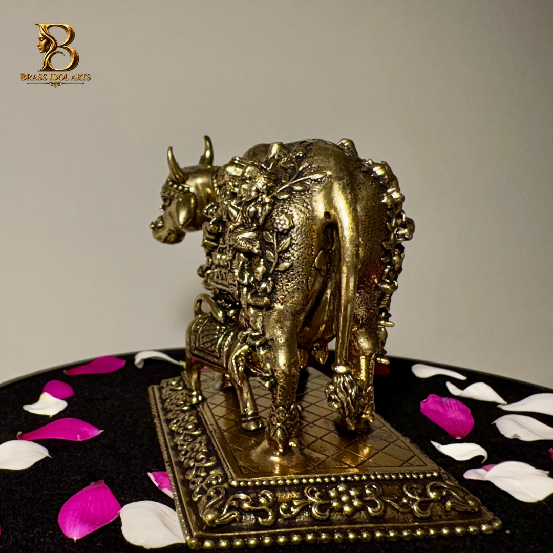 Antique Brass Cow & Calf Statue — view 4