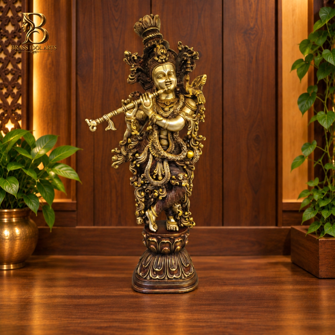Brass Krishna Flute Statue
