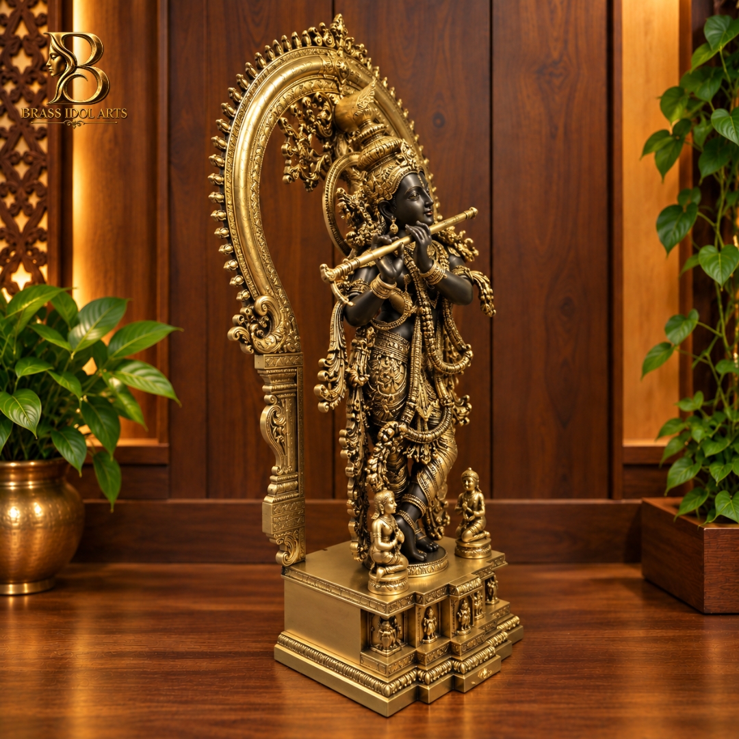 Brass Krishna Statue with Flute & Ornate Prabhavali — view 2