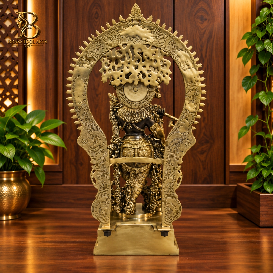 Brass Krishna Statue with Flute & Ornate Prabhavali — view 3