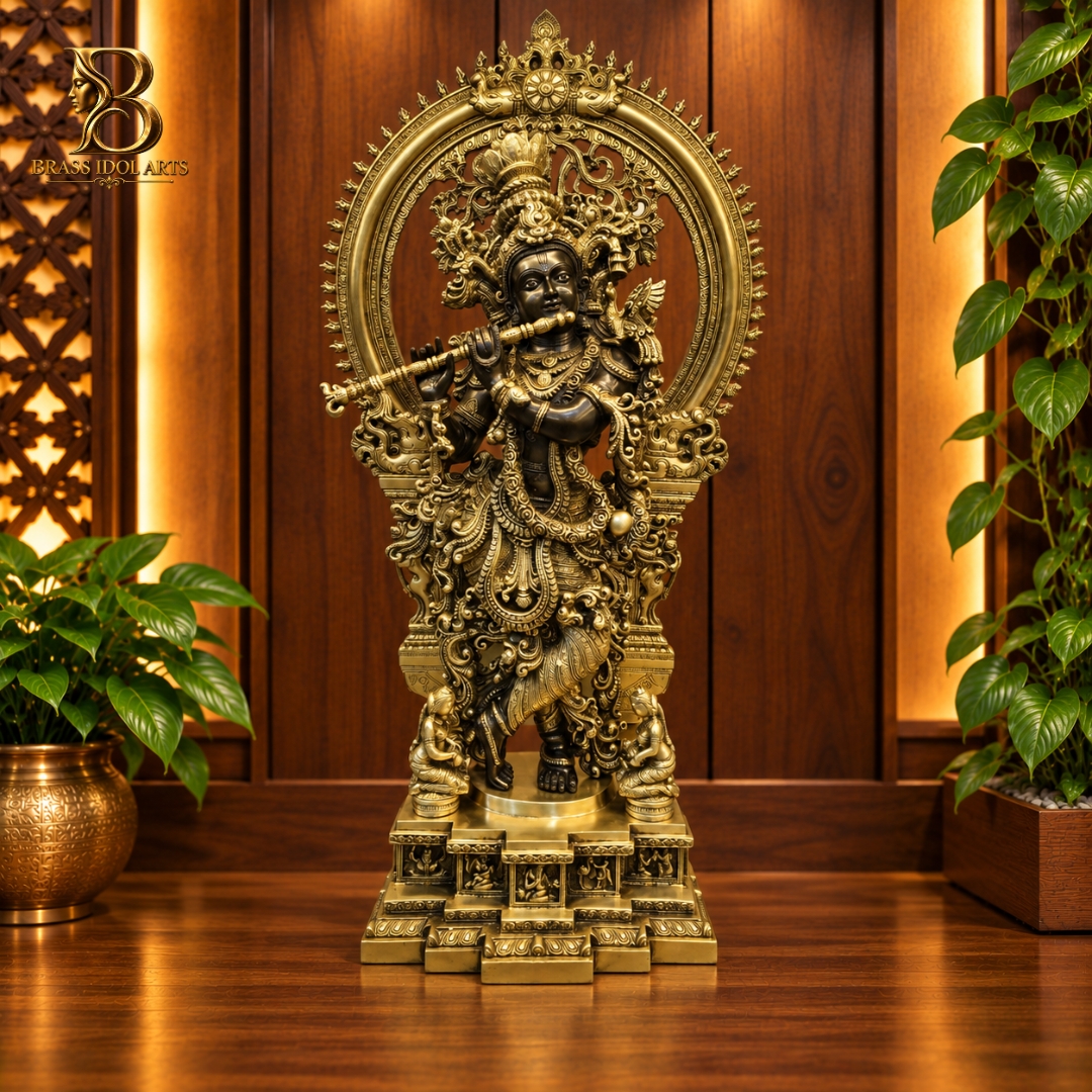 Brass Krishna Statue with Flute & Ornate Prabhavali