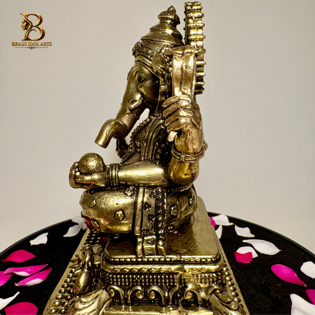 Brass Lord Ganesha Statue – Intricate Four-Armed Ganesh Idol with Ornate Base — view 5