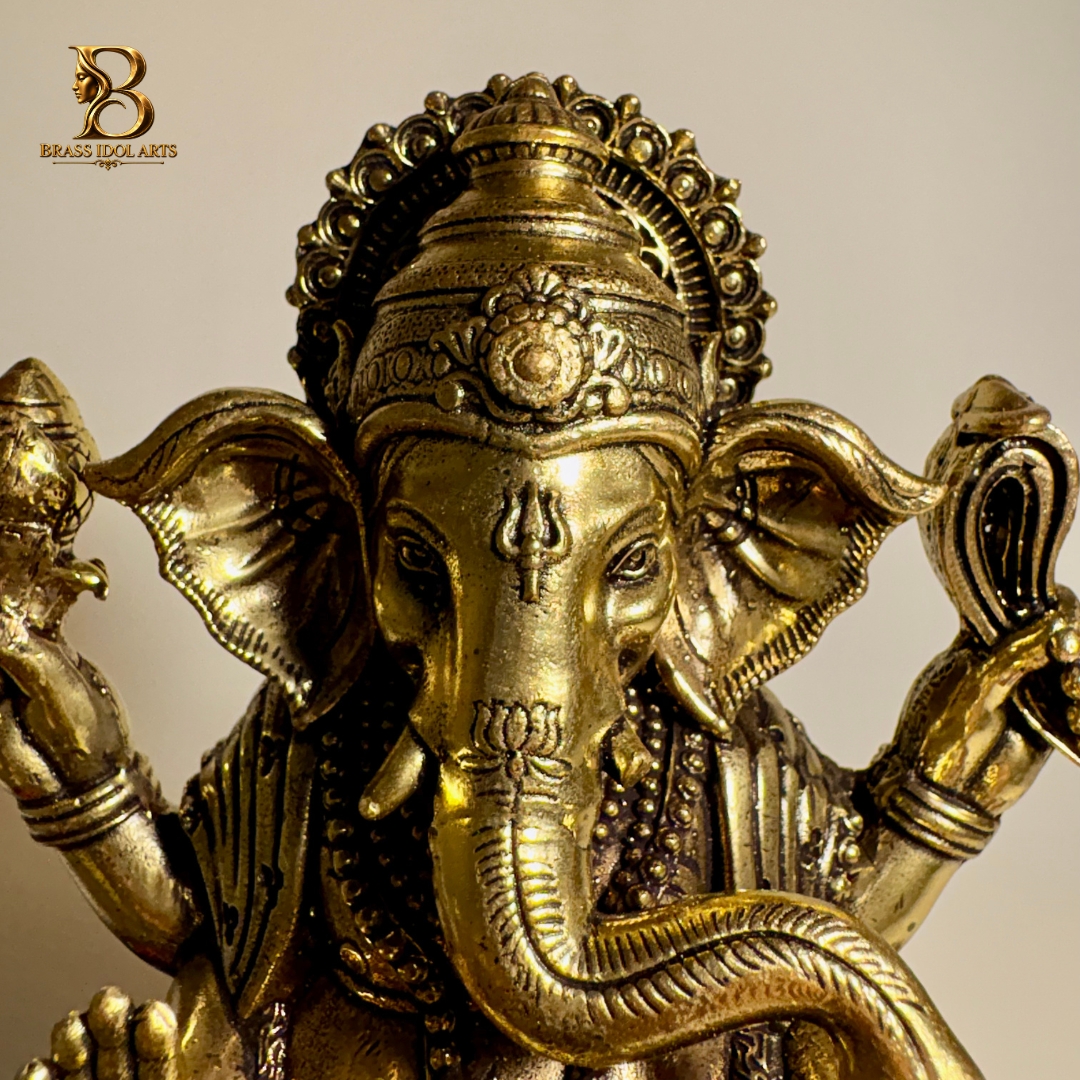 Brass Lord Ganesha Statue – Intricate Four-Armed Ganesh Idol with Ornate Base — view 4