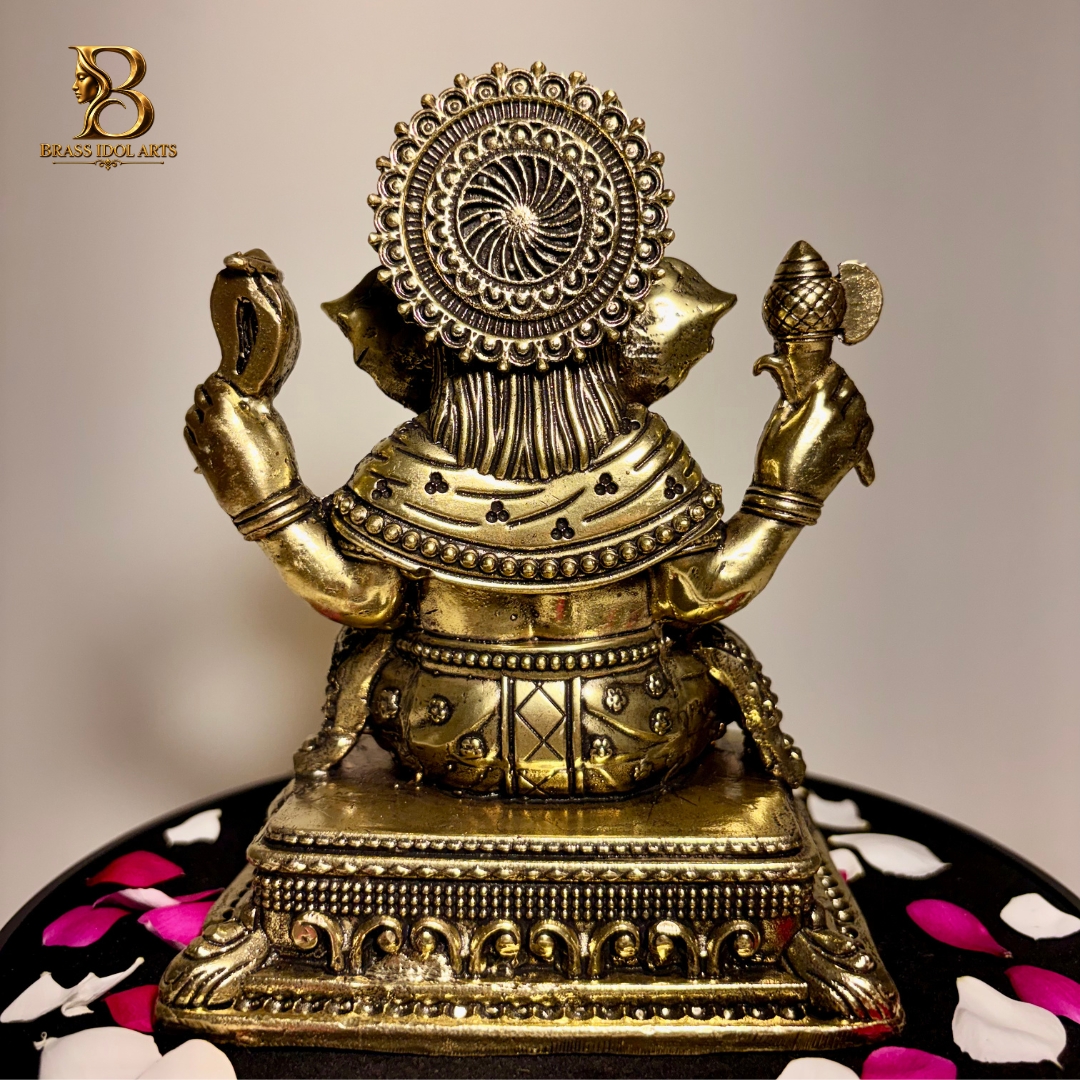 Brass Lord Ganesha Statue – Intricate Four-Armed Ganesh Idol with Ornate Base — view 3