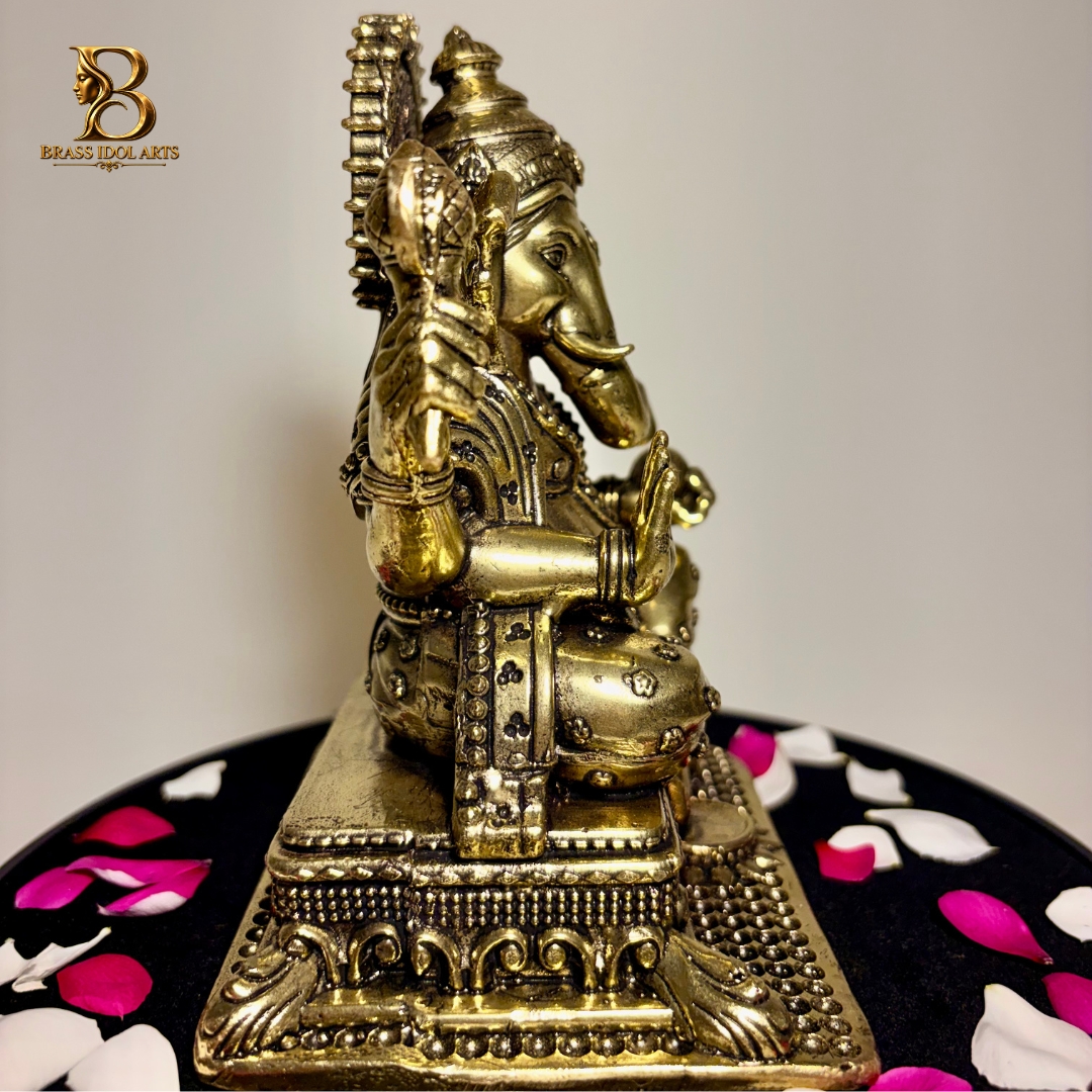 Brass Lord Ganesha Statue – Intricate Four-Armed Ganesh Idol with Ornate Base — view 2