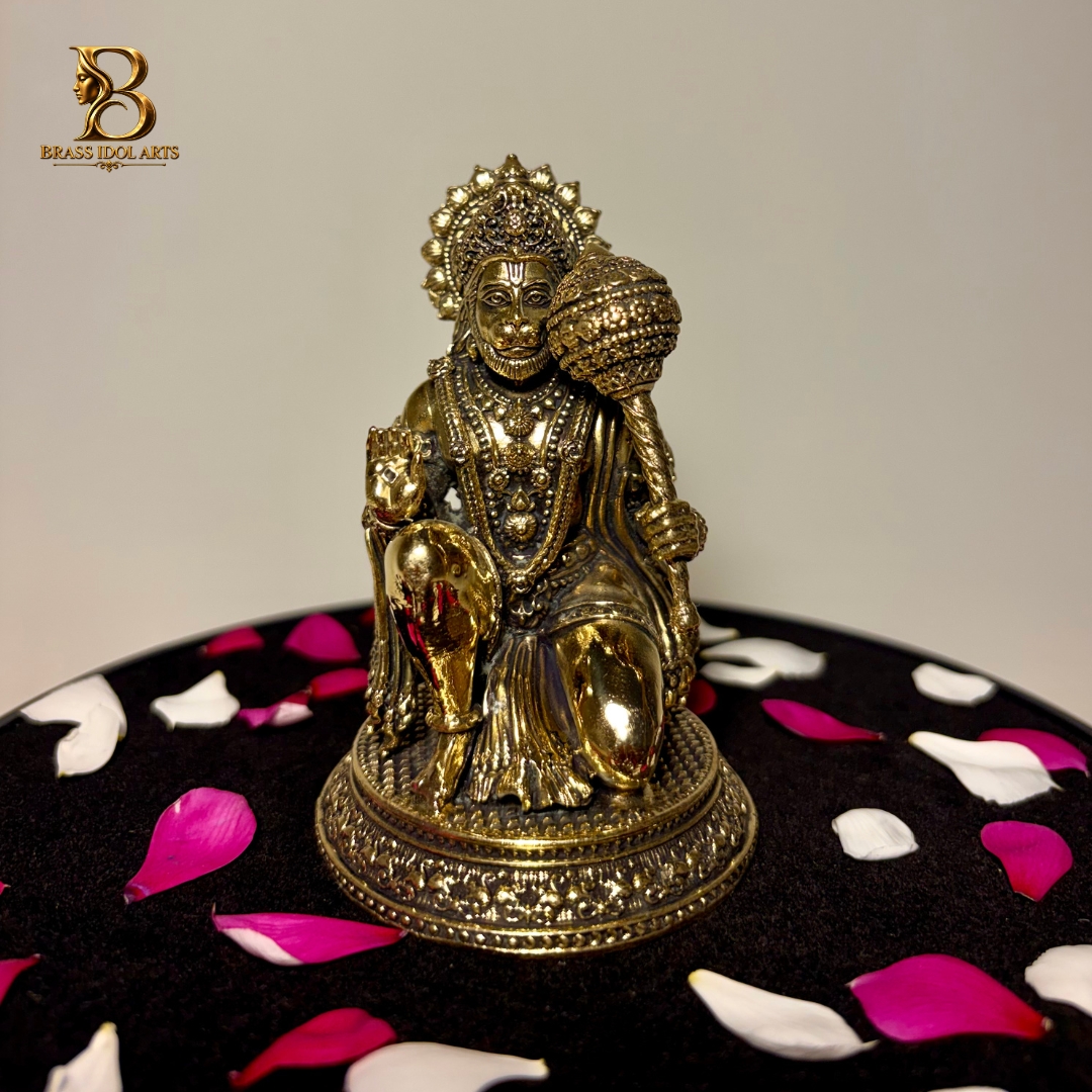 Brass Lord Hanuman Statue – Seated Hanuman with Gada and Ornate Detailing