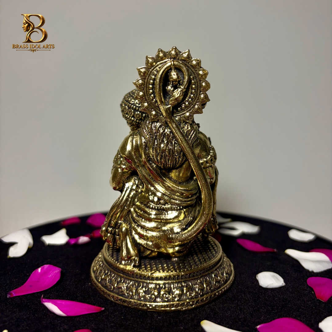 Brass Lord Hanuman Statue – Seated Hanuman with Gada and Ornate Detailing — view 3