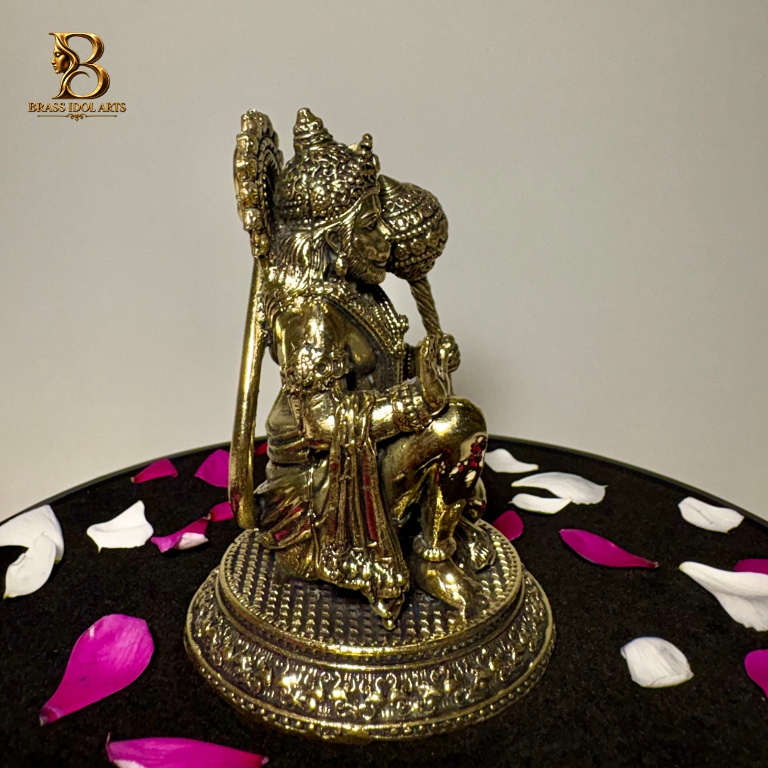 Brass Lord Hanuman Statue – Seated Hanuman with Gada and Ornate Detailing — view 2