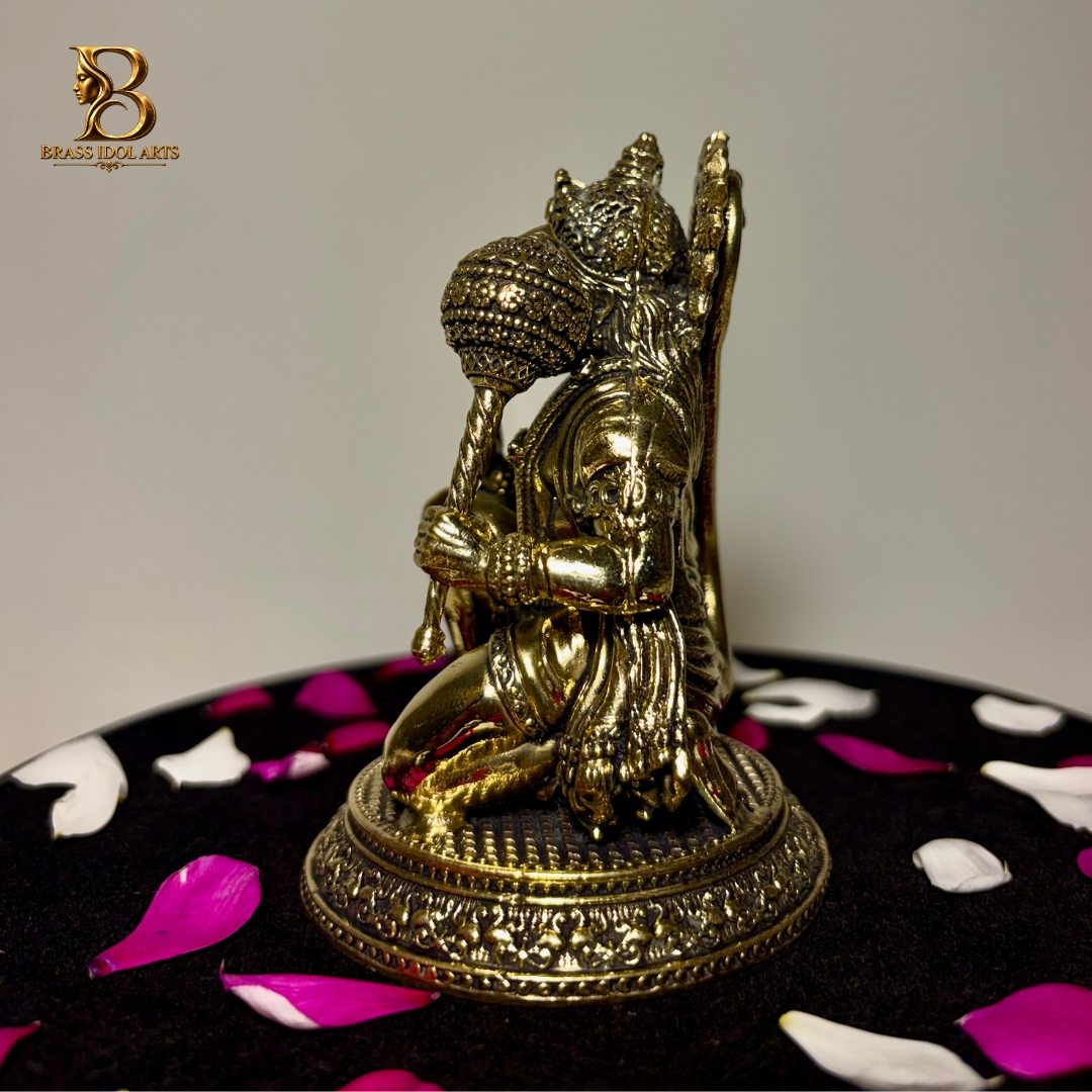 Brass Lord Hanuman Statue – Seated Hanuman with Gada and Ornate Detailing — view 4