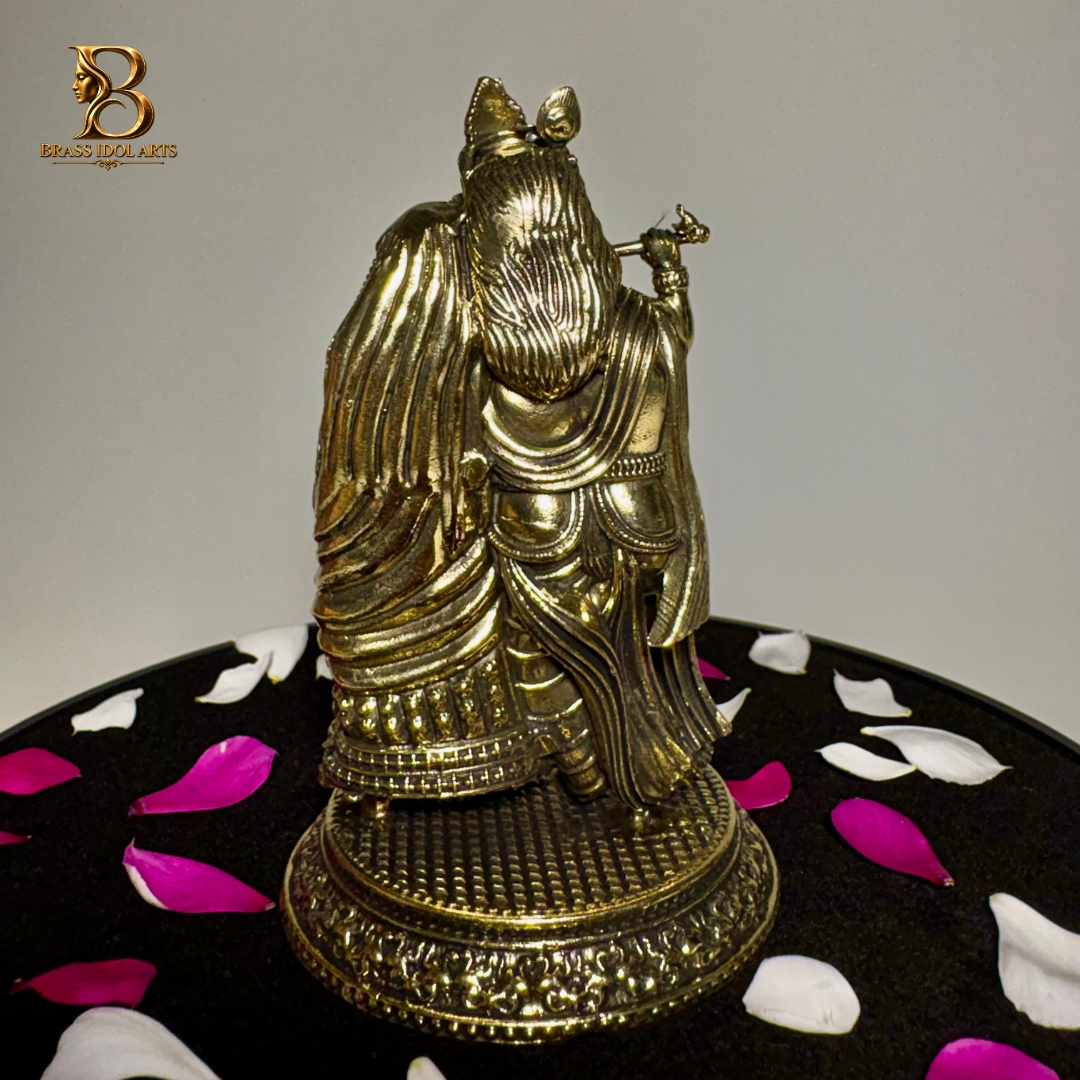 Brass Radha Krishna Statue – Krishna Playing Flute with Radha — view 3