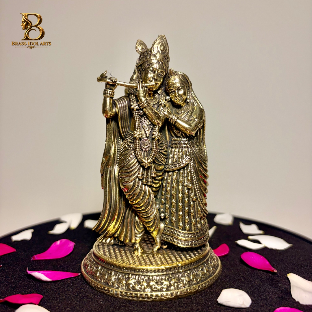 Brass Radha Krishna Statue – Krishna Playing Flute with Radha