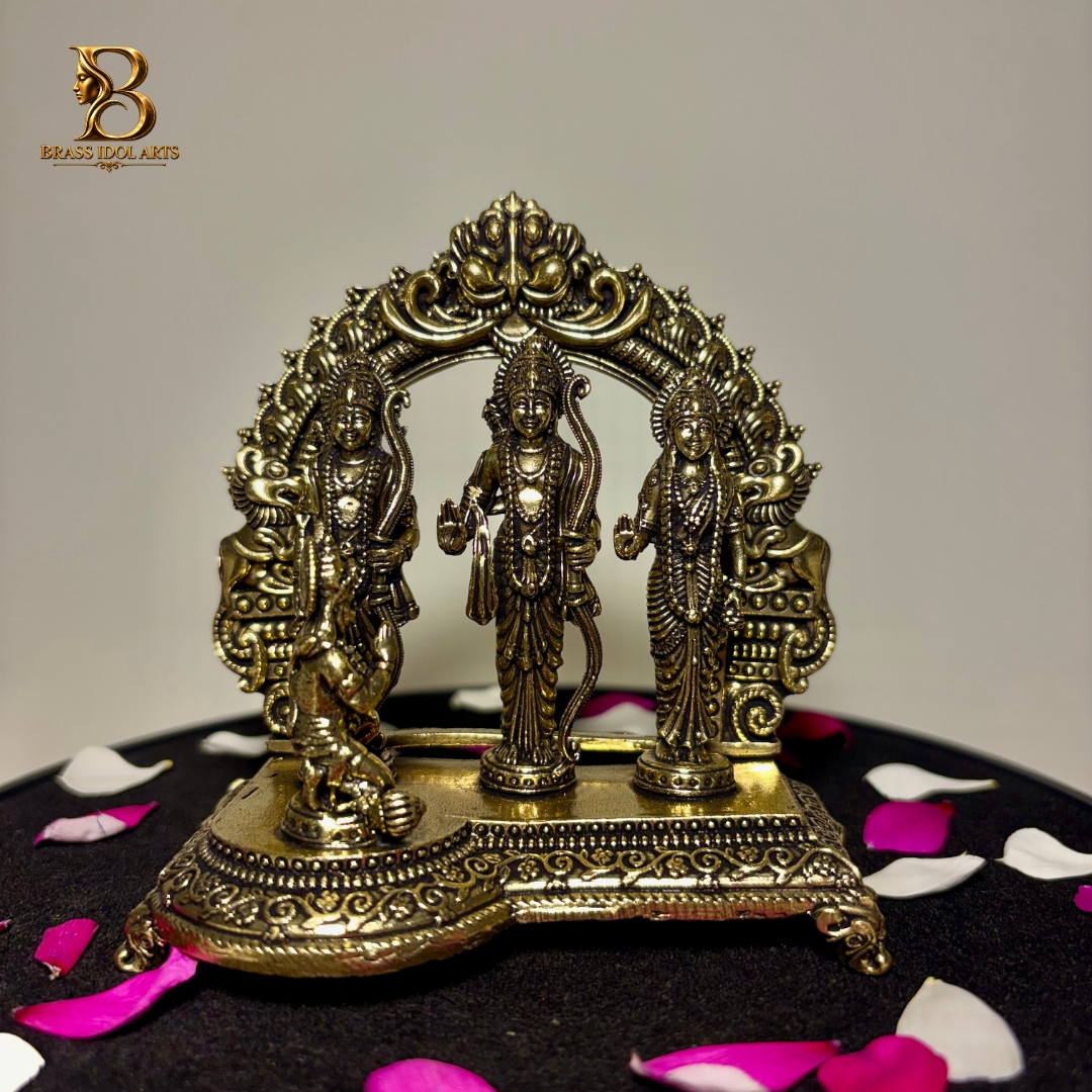 Brass Ram Darbar Statue – Lord Rama, Sita, Lakshman & Hanuman with Ornate Arch