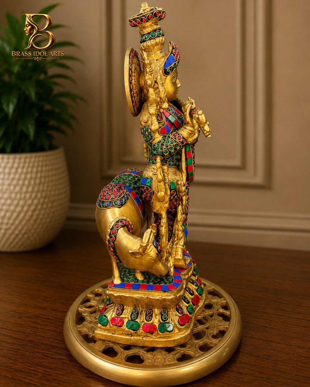 Krishna Golden Marble Brass Sculpture — view 3