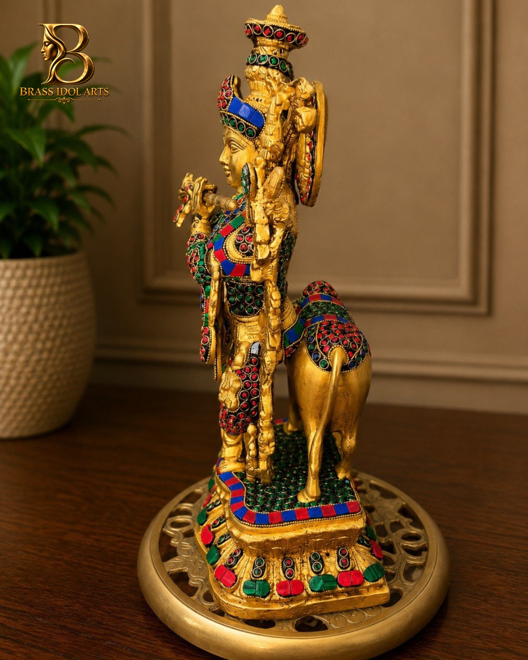Krishna Golden Marble Brass Sculpture — view 2