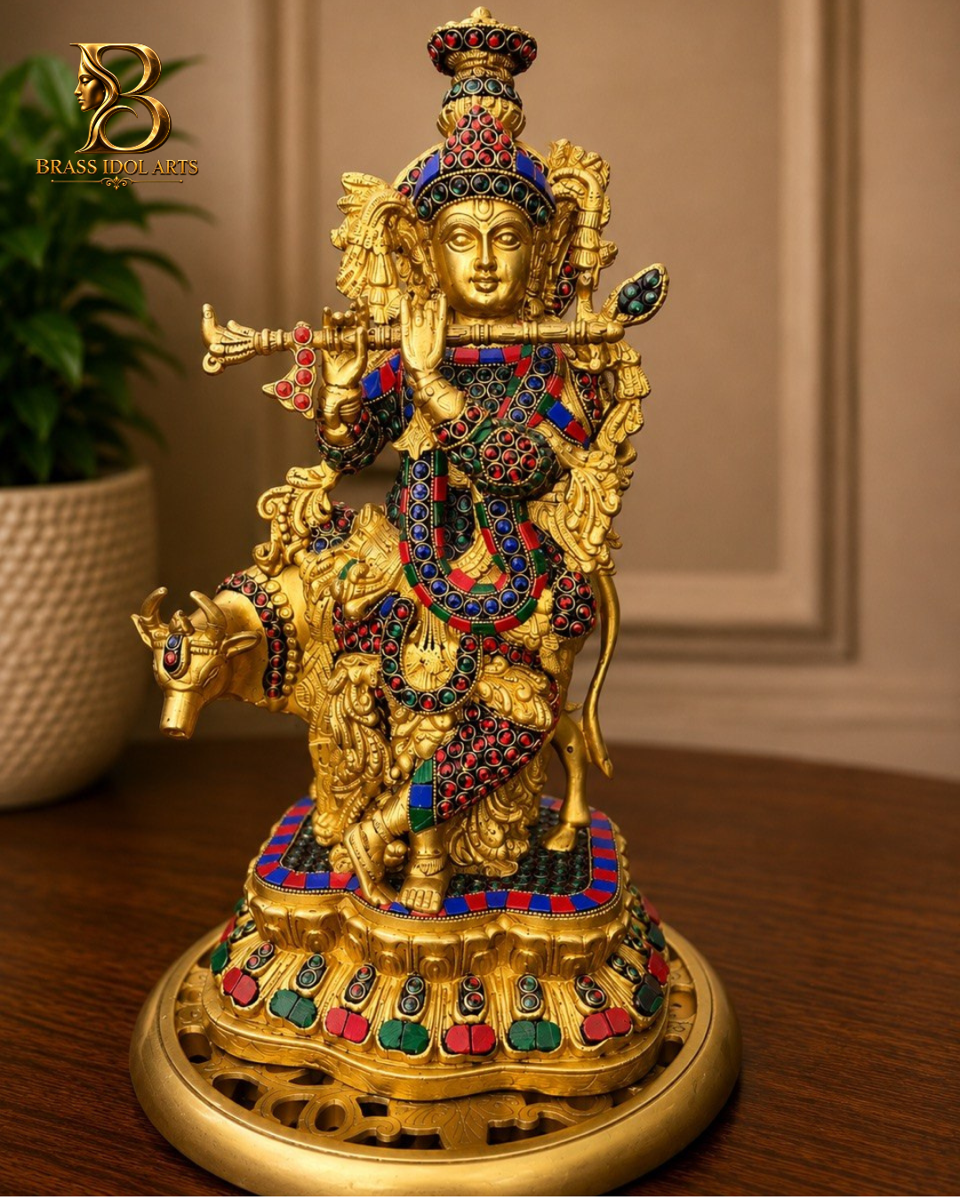 Krishna Golden Marble Brass Sculpture