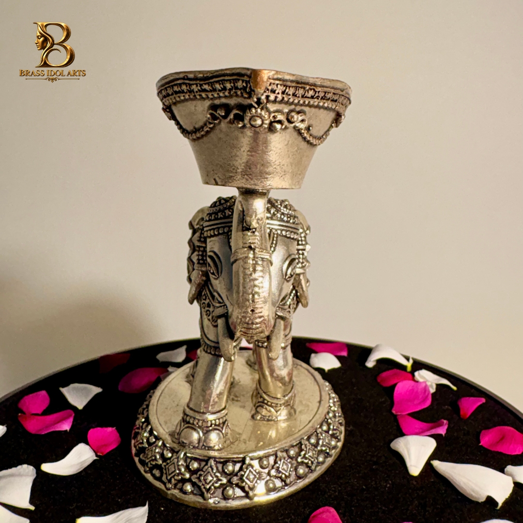 Silver-Coated Brass Elephant Diya Lamp – Ornate Elephant Candle Holder — view 2