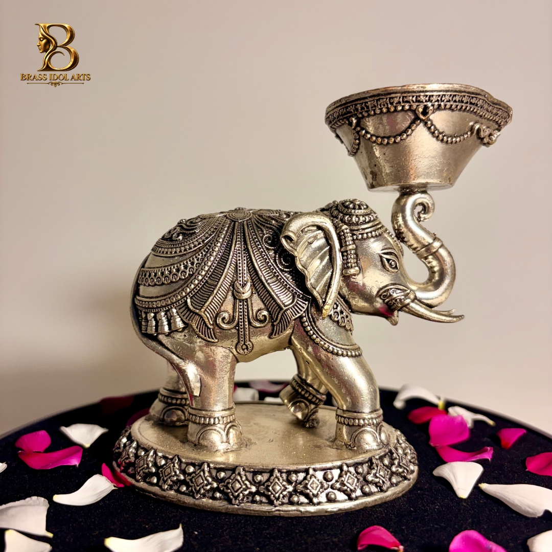 Silver-Coated Brass Elephant Diya Lamp – Ornate Elephant Candle Holder