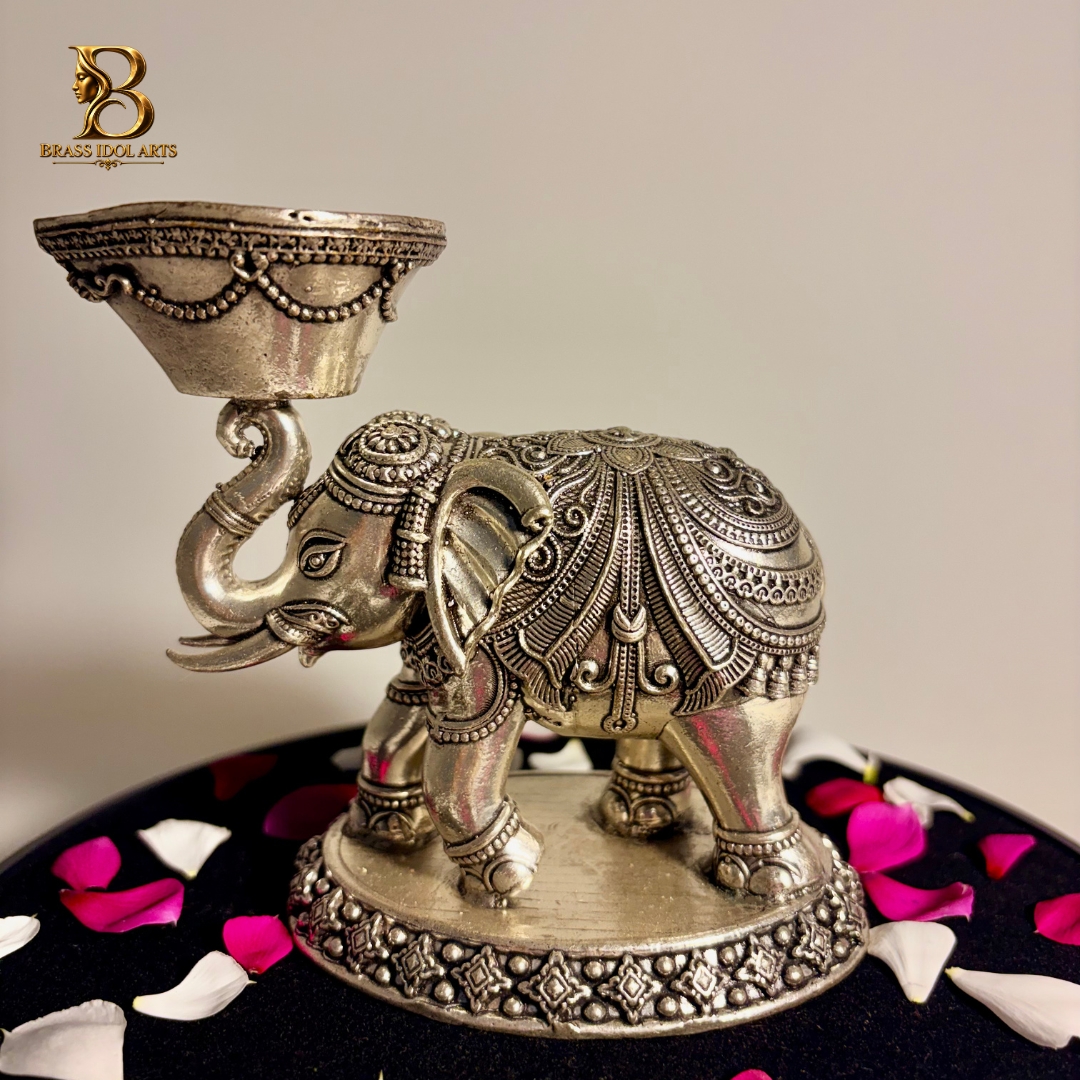 Silver-Coated Brass Elephant Diya Lamp – Ornate Elephant Candle Holder — view 3